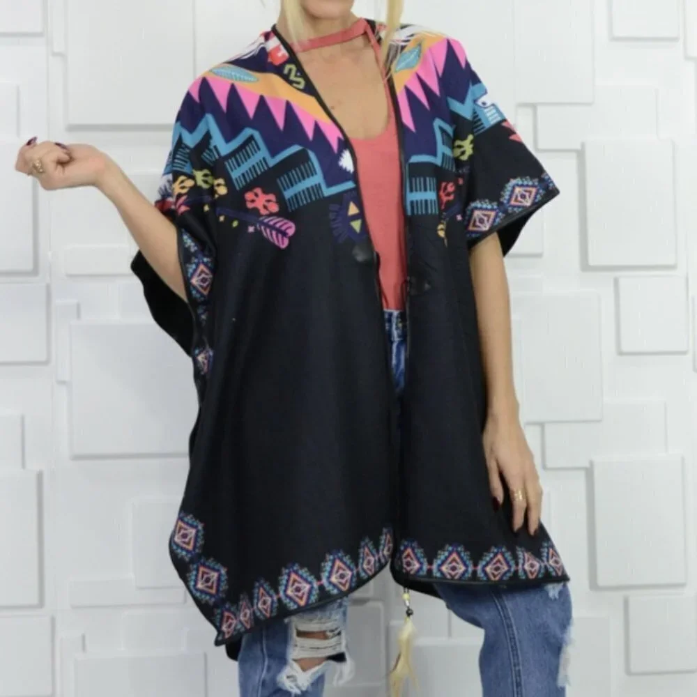 PIPER Colorful Poncho - Navy Blue